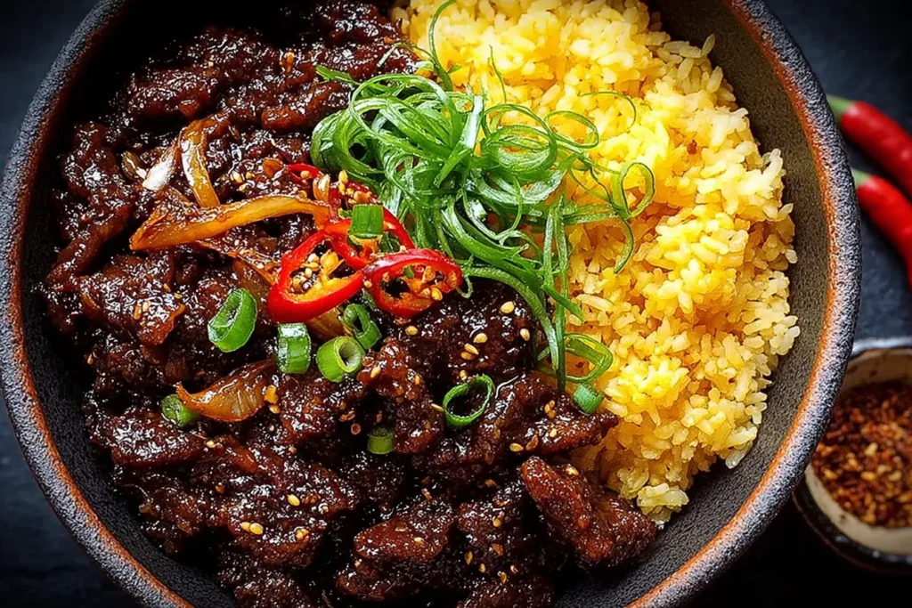Crispy Chilli Beef Recipe bowl served with fluffy yellow rice, topped with sliced red chili, green onions, and sesame seeds in a sticky sweet-spicy sauce.