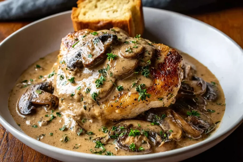 Crockpot Chicken And Gravy with creamy mushroom gravy and parsley in a shallow bowl, served with a slice of toasted bread.