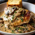 Crockpot Chicken And Gravy with creamy mushroom gravy and parsley in a shallow bowl, served with a slice of toasted bread.