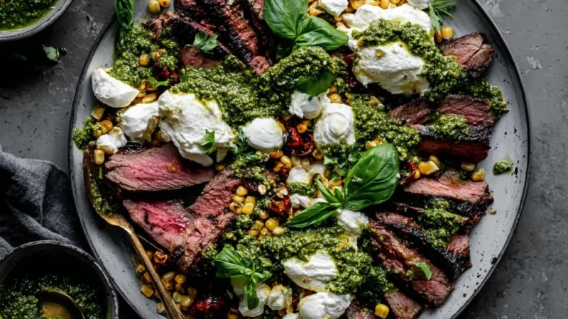 Pesto Steak (Grilled Flank Steak with Burrata & Pesto)