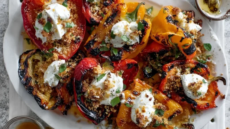 Grilled Marinated Peppers with Burrata and Breadcrumbs