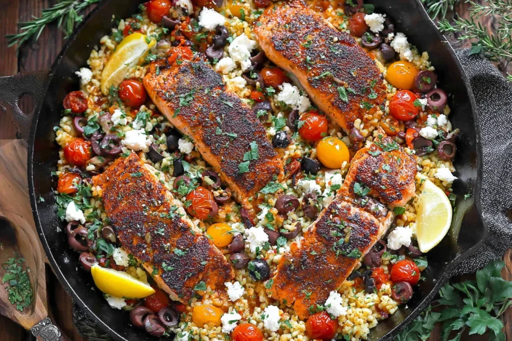 Mediterranean Salmon in a cast-iron skillet with lemony rice, cherry tomatoes, kalamata olives, feta crumbles, and fresh herbs
