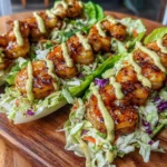 Sheet Pan Chili-Lime Shrimp Lettuce Wraps piled with crunchy cabbage slaw and drizzled with creamy avocado sriracha crema on a wooden serving board.