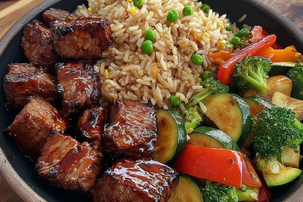 Teriyaki Steak & Veggie Fried Rice Bowl with saucy teriyaki steak cubes, egg fried rice with peas, and sautéed zucchini, broccoli, and red peppers.