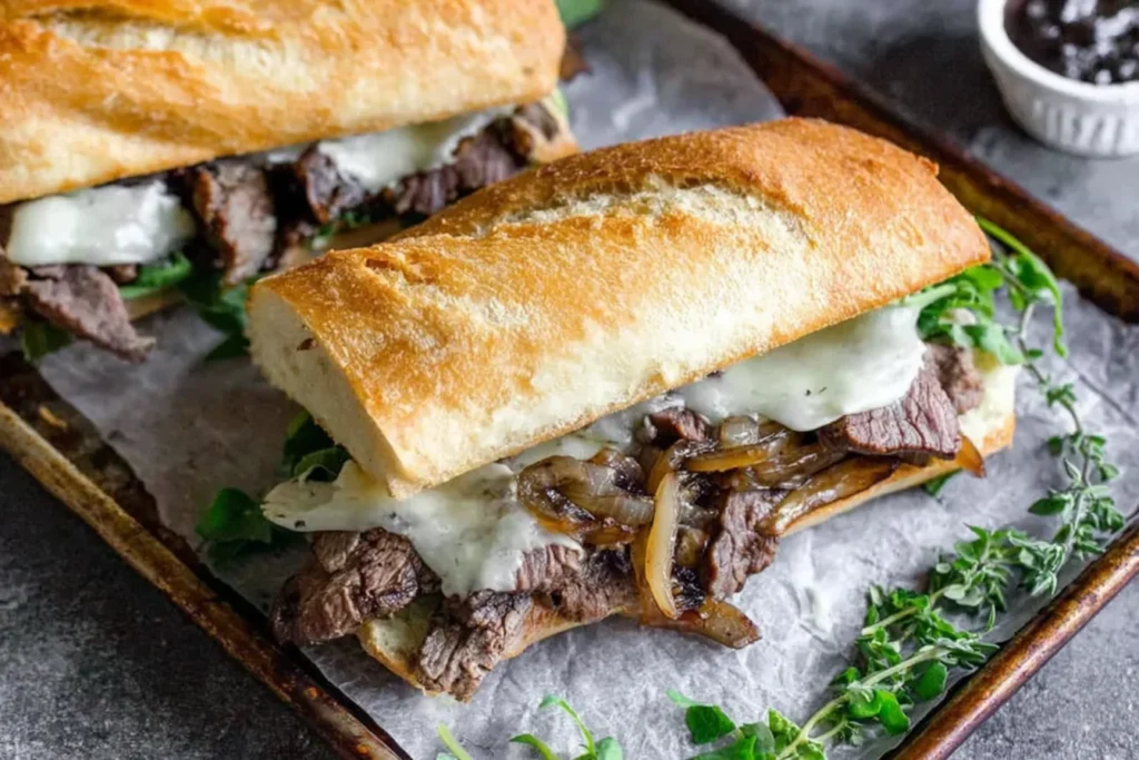 Steak Sandwich Recipe on a toasted baguette with tender sliced steak, caramelized onions, and melted Havarti cheese on a tray.
