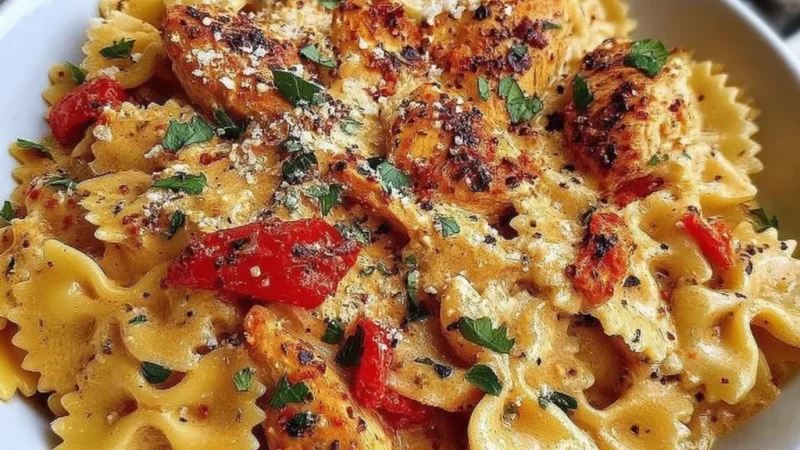 Parmesan Roasted Red Pepper Chicken Bowties in Garlic Cream
