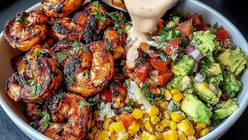 Grilled Shrimp Bowl with Avocado, Corn Salsa & Creamy Garlic Sauce