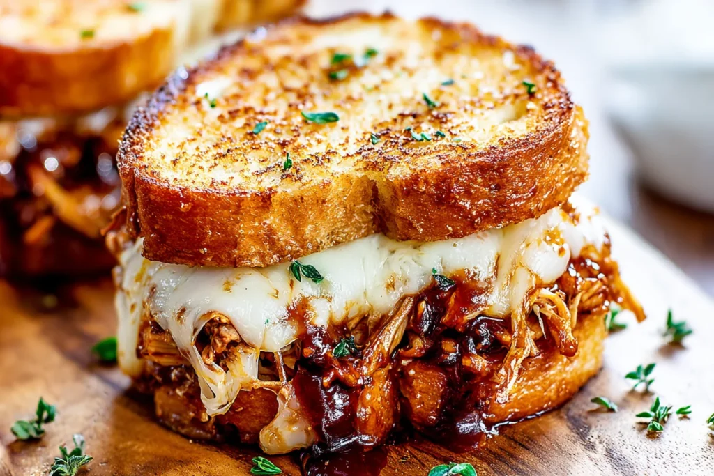 BBQ Chicken Grilled Cheese Sandwiches with gooey Havarti, saucy shredded BBQ chicken, and crispy garlic butter sourdough on a wooden board.