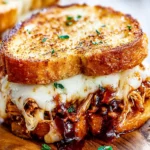 BBQ Chicken Grilled Cheese Sandwiches with gooey Havarti, saucy shredded BBQ chicken, and crispy garlic butter sourdough on a wooden board.