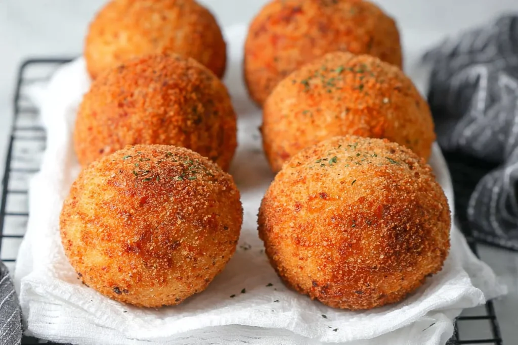 Freshly fried Arancini Italian Rice Balls cooling on a rack, golden and crunchy with a light sprinkle of herbs.