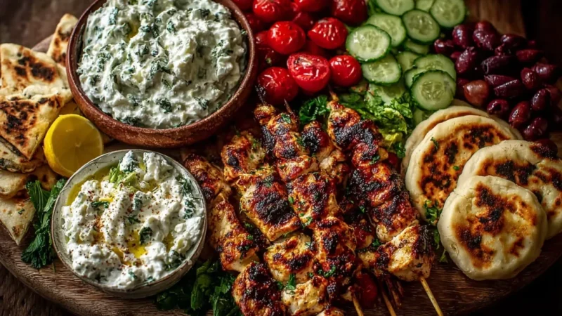 Greek Chicken Souvlaki Grazing Board with Feta Dip