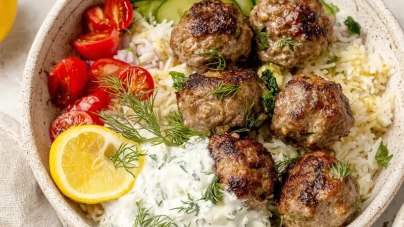 Gyro Bowls (Meatballs with Tzatziki, Lemon Rice, and Cucumber Salad)