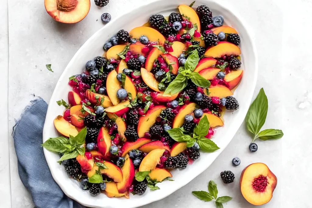 Honey Lime Basil Peach Fruit Salad on a white platter with sliced peaches, blackberries, blueberries, pomegranate seeds, and fresh basil.