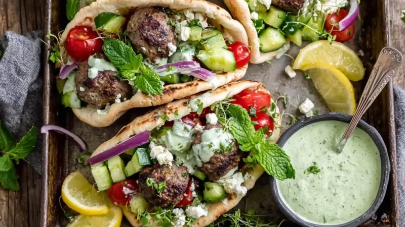 Mediterranean Meatball Stuffed Pitas with Mint Yogurt Sauce