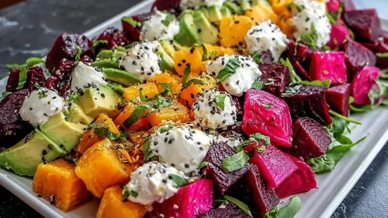 Roasted beet sweet potato avocado salad