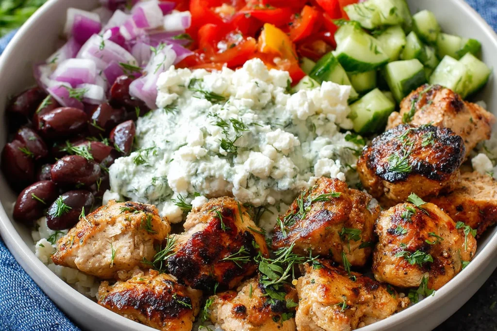 Skillet Greek Chicken bowl with charred yogurt-marinated chicken, tzatziki, feta, cucumbers, tomatoes, red onion, and Kalamata olives