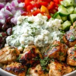 Skillet Greek Chicken bowl with charred yogurt-marinated chicken, tzatziki, feta, cucumbers, tomatoes, red onion, and Kalamata olives