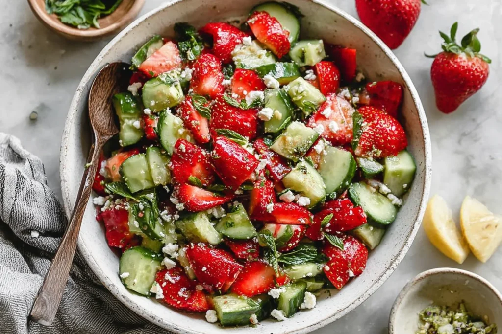 Strawberry Cucumber Salad with juicy strawberries, crisp cucumbers, feta, mint, and basil in a serving bowl