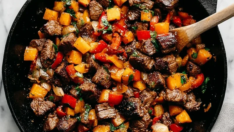 Steak Bites with Sweet Potatoes and Peppers