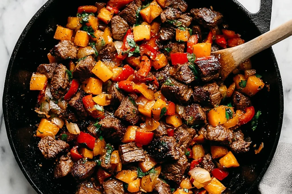 Whole30 steak bites with sweet potatoes and peppers cooking in a cast iron skillet with a wooden spoon.