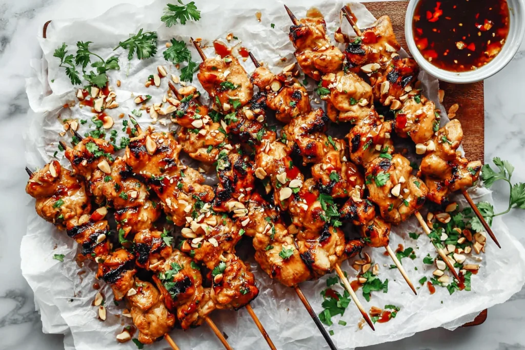 Platter of Asian chicken skewers glazed with honey garlic sauce, charred at the edges and topped with herbs and crunchy nuts, served with extra sauce.