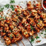 Platter of Asian chicken skewers glazed with honey garlic sauce, charred at the edges and topped with herbs and crunchy nuts, served with extra sauce.