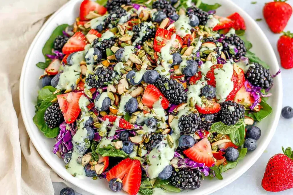 Berry Salad with Creamy Lemon Herb Dressing in a white bowl with mixed greens, strawberries, blueberries, blackberries, purple cabbage, crunchy seeds, and creamy herb drizzle.
