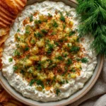 Creamy Fried Pickle Dip garnished with chopped dill pickles, toasted panko breadcrumbs, and fresh dill, served with crispy ridged potato chips for dipping.