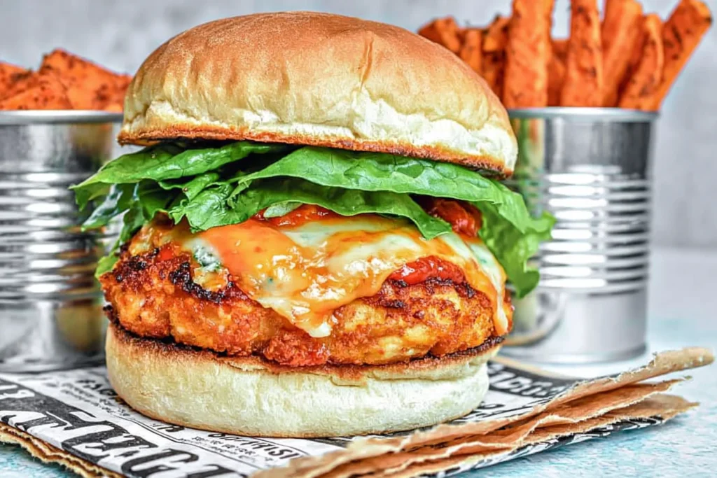Buffalo Chicken Burgers with melted blue cheese, fresh lettuce, and buffalo sauce on a toasted potato bun served with crispy sweet potato fries.