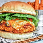 Buffalo Chicken Burgers with melted blue cheese, fresh lettuce, and buffalo sauce on a toasted potato bun served with crispy sweet potato fries.