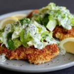 Caesar Salad Chicken Cutlets with crispy breaded chicken topped with romaine Caesar salad, creamy dressing, herbs, and lemon wedges on a plate.