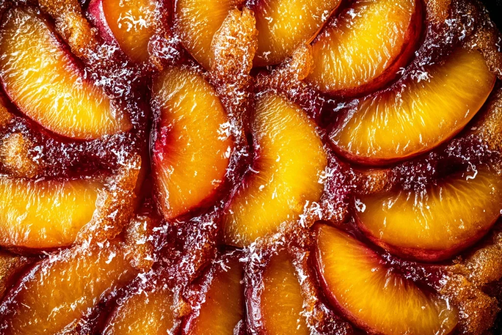 Close-up of Bourbon Peach Upside Down Cake showing caramelized peach slices baked into a glossy cinnamon-bourbon topping.