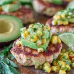 Chicken Burgers with Avocado Corn Salsa topped with creamy avocado and sweet corn salsa on a browned chicken patty with lime and cilantro on a wooden board.