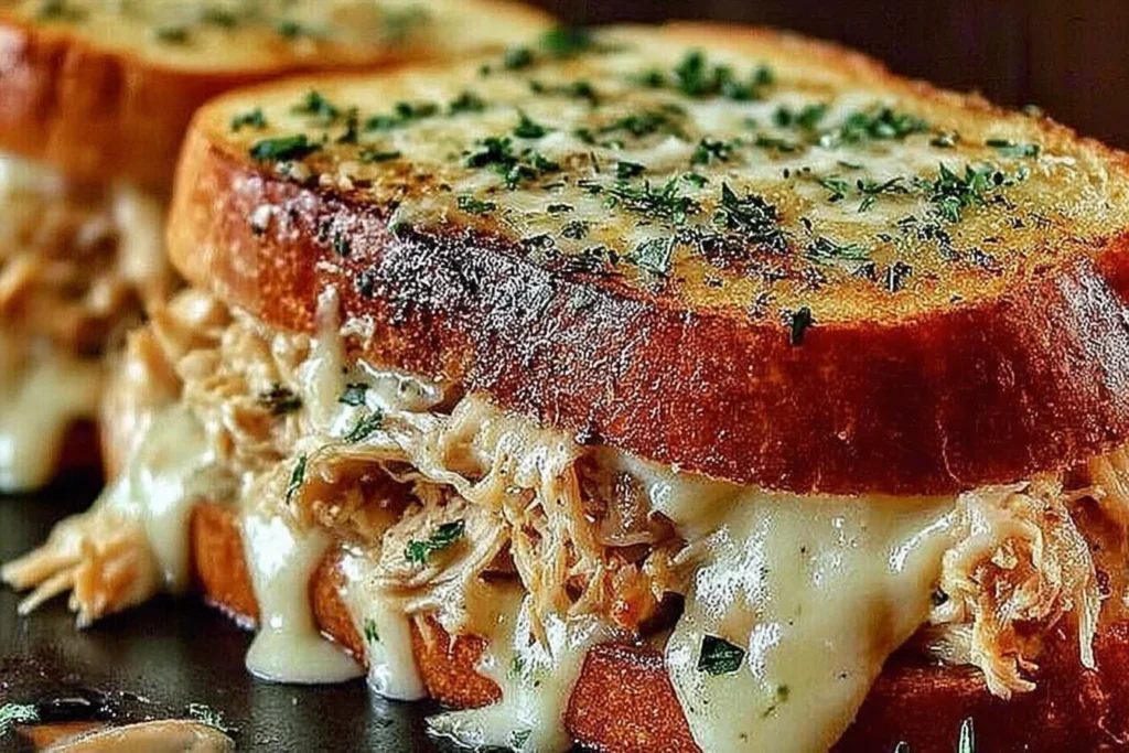 Chicken Garlic Sandwich with golden garlic-butter sourdough, shredded chicken, and melted mozzarella cheese stretching from the sides.