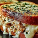 Chicken Garlic Sandwich with golden garlic-butter sourdough, shredded chicken, and melted mozzarella cheese stretching from the sides.