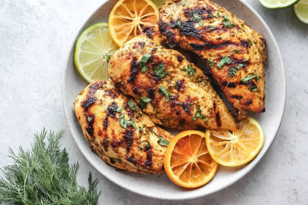 Citrus Dijon Grilled Chicken plated with char-grilled chicken breasts, orange and lime slices, and fresh herbs on a light stoneware plate.