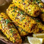 Cowboy Butter Roasted Corn piled in a bowl, charred and buttery, topped with parsley and served with lemon wedges.