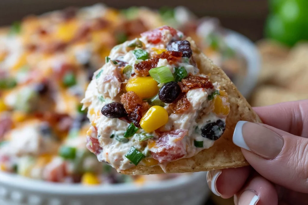 Cowboy Corn Dip served on a tortilla chip with creamy cheese, sweet corn, black beans, crispy bacon, jalapeños, and green onions