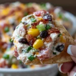 Cowboy Corn Dip served on a tortilla chip with creamy cheese, sweet corn, black beans, crispy bacon, jalapeños, and green onions
