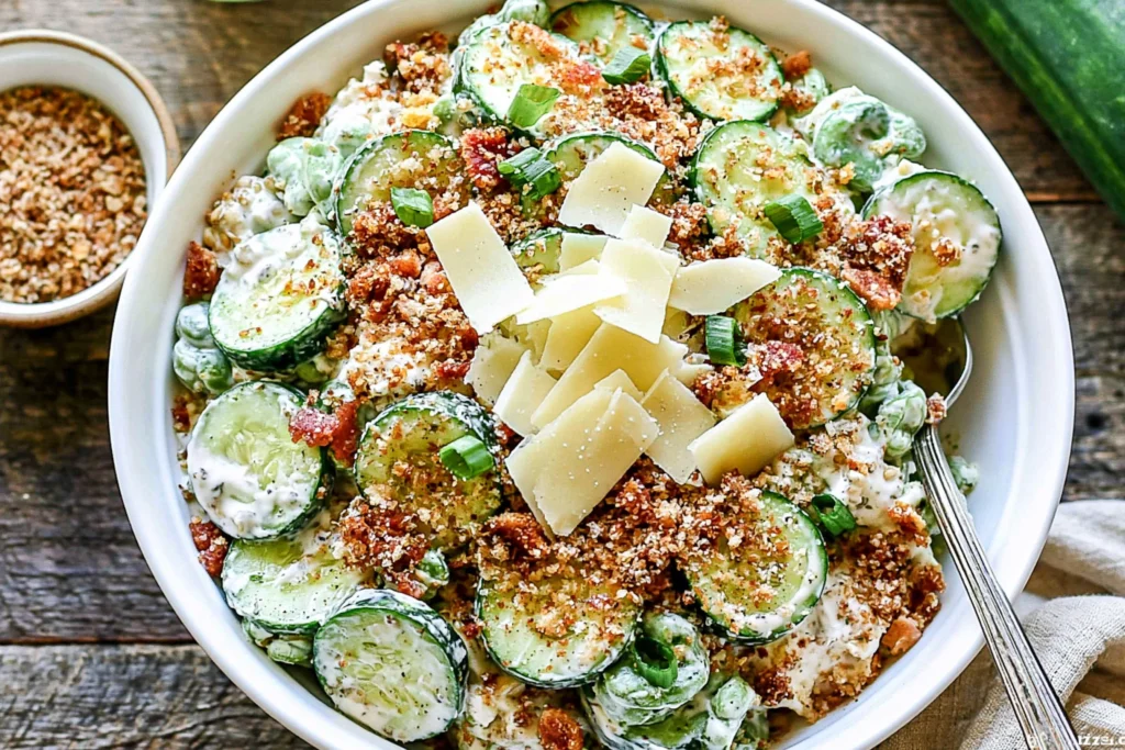 Cucumber Caesar Salad topped with shaved Parmesan, crispy bacon, toasted breadcrumbs, and green onions in a serving bowl.