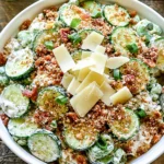 Cucumber Caesar Salad topped with shaved Parmesan, crispy bacon, toasted breadcrumbs, and green onions in a serving bowl.