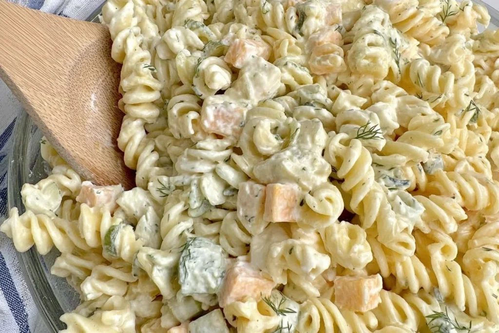 Dill Pickle Pasta Salad in a glass bowl with creamy dill dressing, rotini pasta, chopped dill pickles, fresh dill, and cheese cubes.