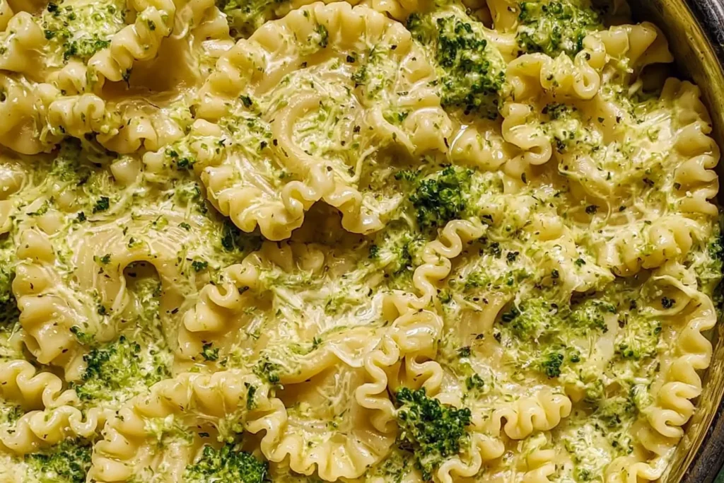 Close-up of Mafaldine Pasta Limone With Broccoli coated in a creamy lemon Parmesan sauce with tender broccoli pieces and perfectly cooked mafaldine pasta.