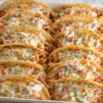 Baked Chicken Bacon Ranch Tacos baked in a casserole dish with melted cheese, crispy tortillas, and fresh herbs on top.