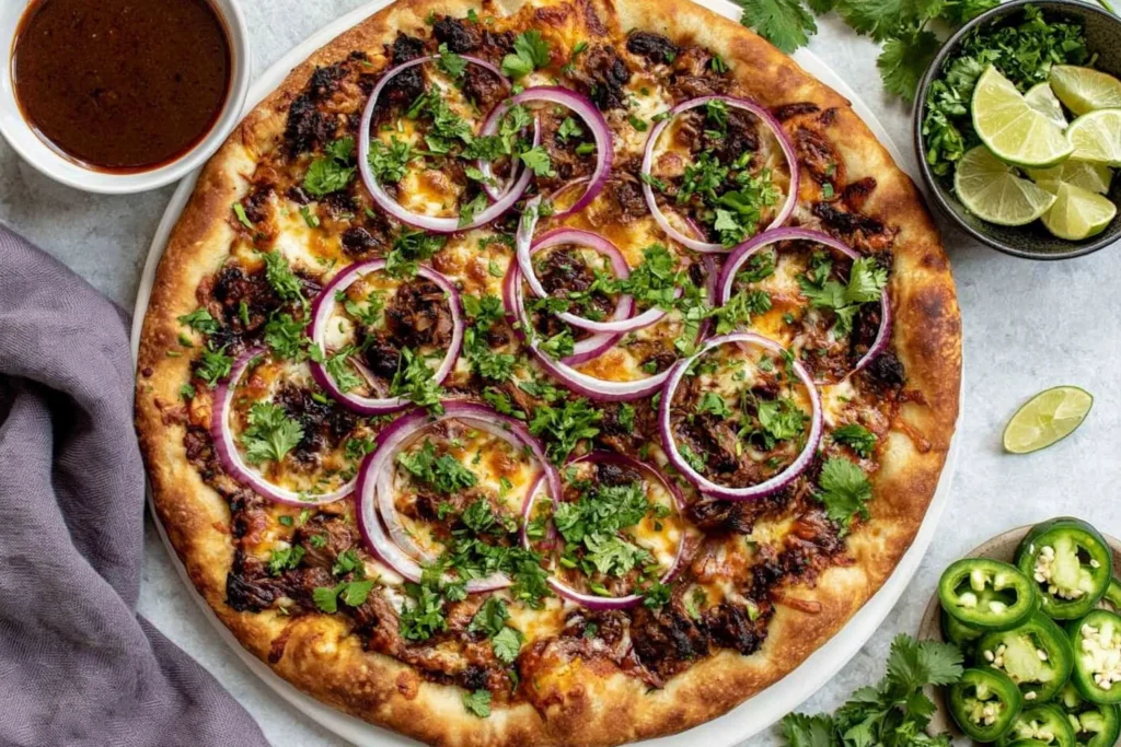 Crispy Oven-Baked Birria Pizza topped with melted cheese, shredded beef birria, red onion, and fresh cilantro, served with consommé and lime wedges