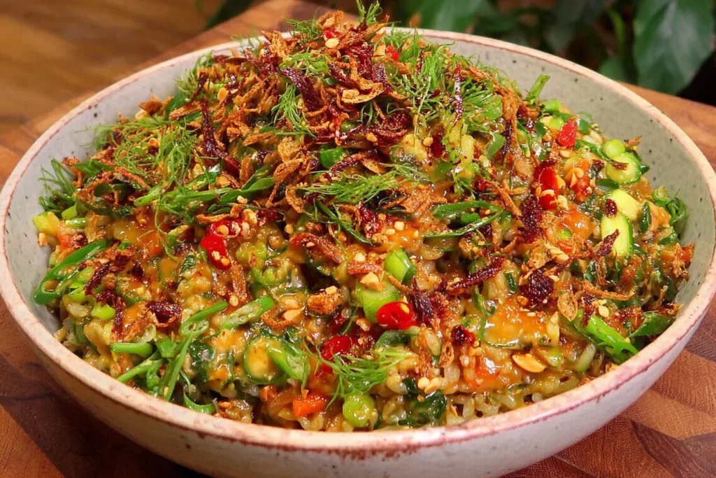 Crispy Rice Salad with Peanut-Chili Dressing in a bowl, topped with crispy rice, dill, scallions, peanuts, and sliced red chiles.