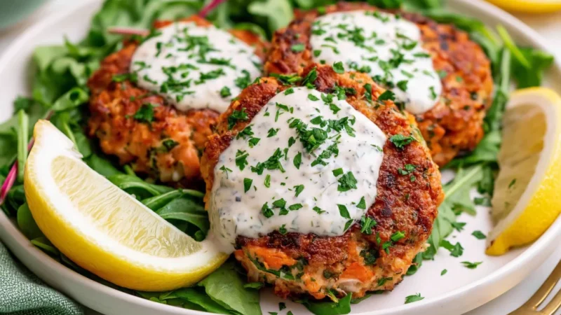 Salmon Patties with Creamy Lemon Garlic Sauce