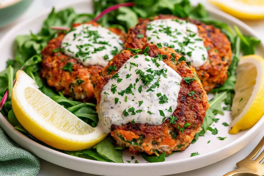 Salmon Patties with creamy lemon garlic sauce, fresh parsley, and lemon wedges served over fresh arugula.