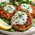 Salmon Patties with creamy lemon garlic sauce, fresh parsley, and lemon wedges served over fresh arugula.