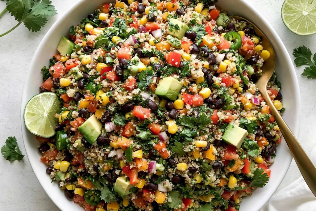 Chili Lime Quinoa Black Bean Salad served in a bowl with quinoa, black beans, sweet corn, avocado, tomatoes, red onion, cilantro, and fresh lime for a colorful, healthy meal.